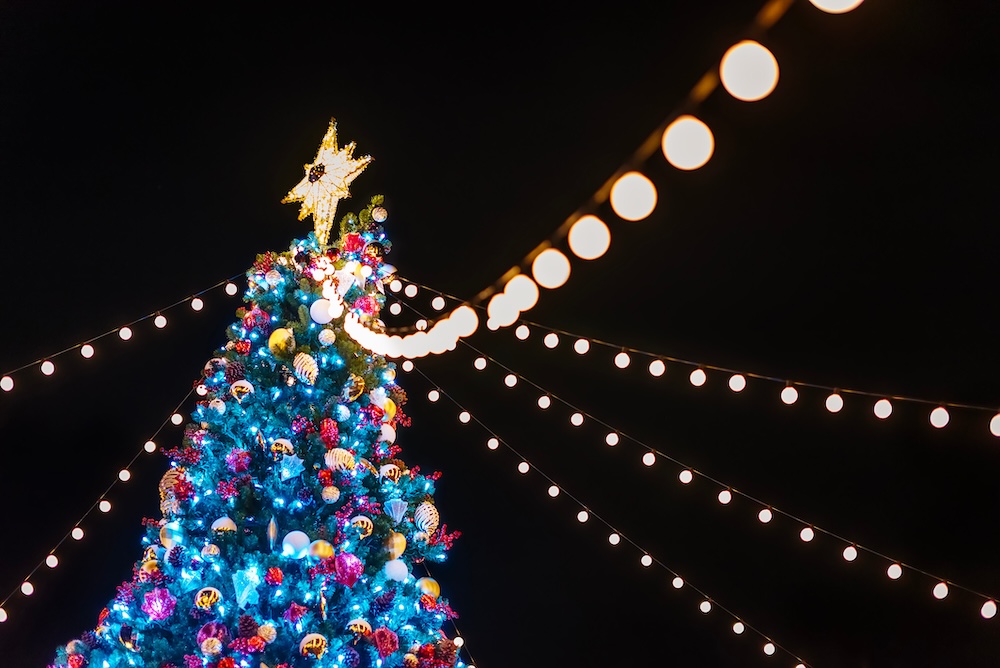 Closeup of an LED Christmas tree in a park