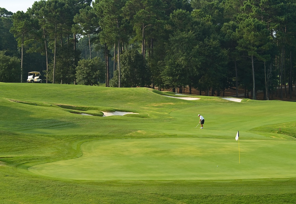 Golfer approaching the putting green on a tree-lined course